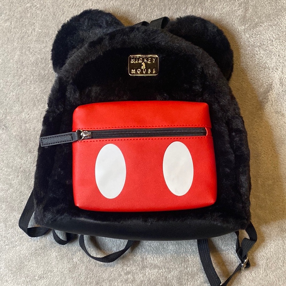 Brand New Disney Mickey Mouse Furry Fuzzy Black & Red Zippered Mini Back